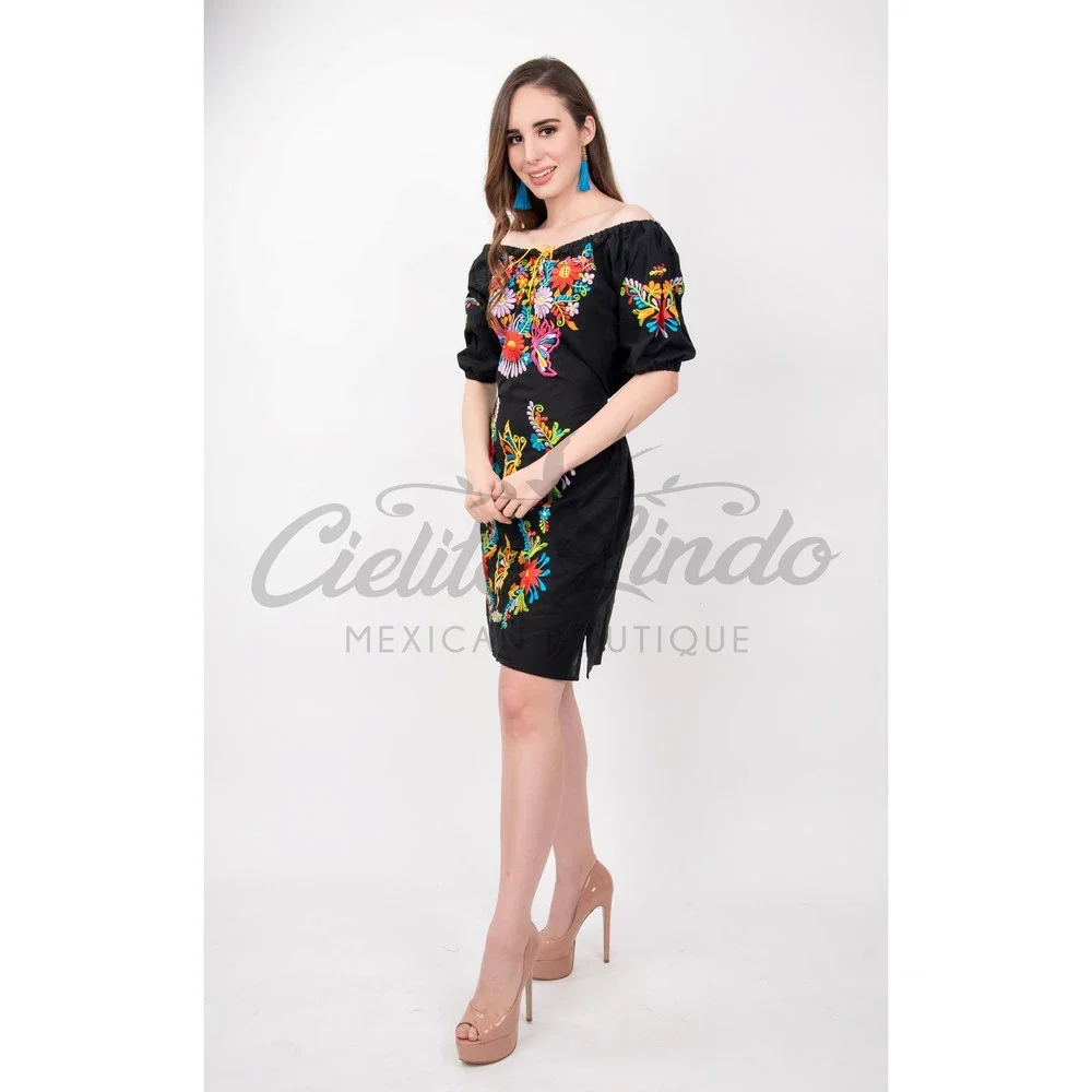 Tecali Mexican Embroidered Black Dress - Picture 5 of 7